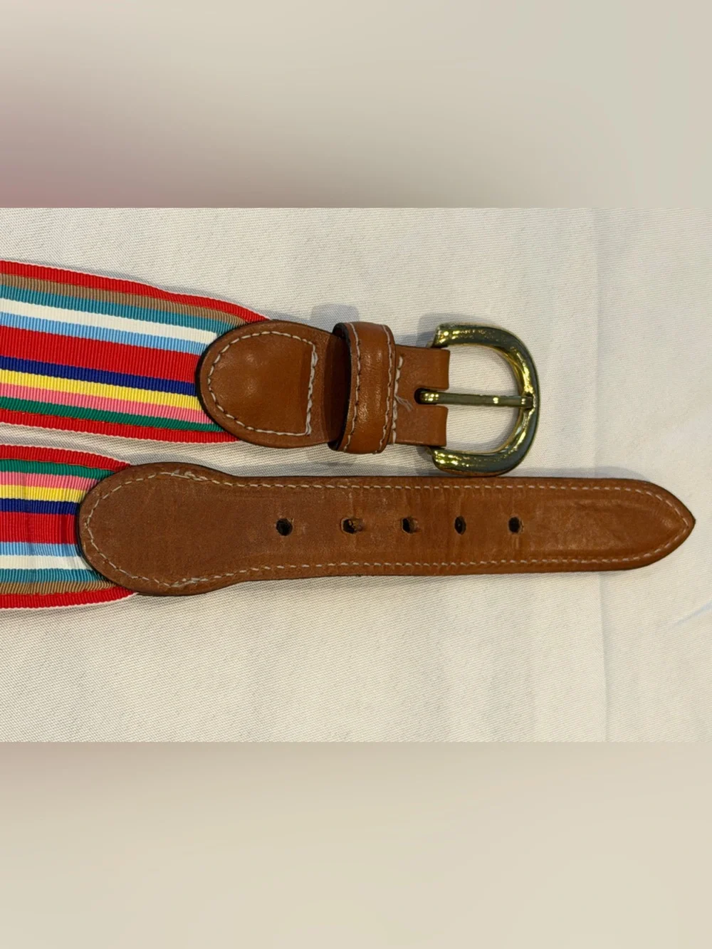 Barrons—Hunter Multicolor Stripe Belt with Brown Leather/Brass Buckle Sz 40